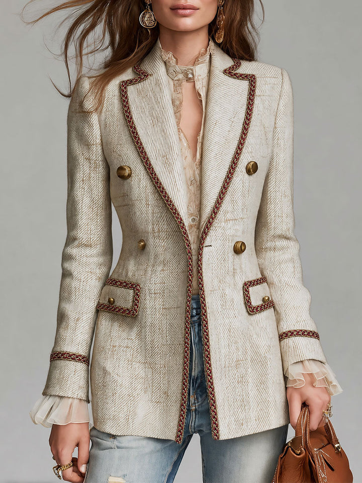 Quiet Luxury Double-Breasted Braided Trim Tweed Blazer
