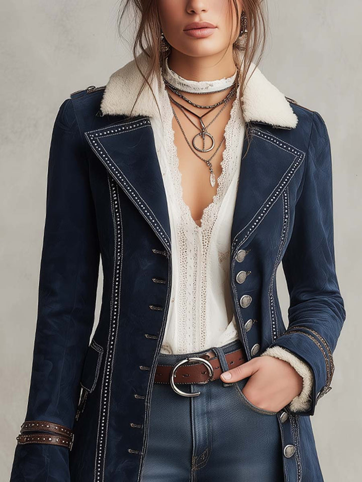 Vintage Contrast Trim Polyester Suede Coat