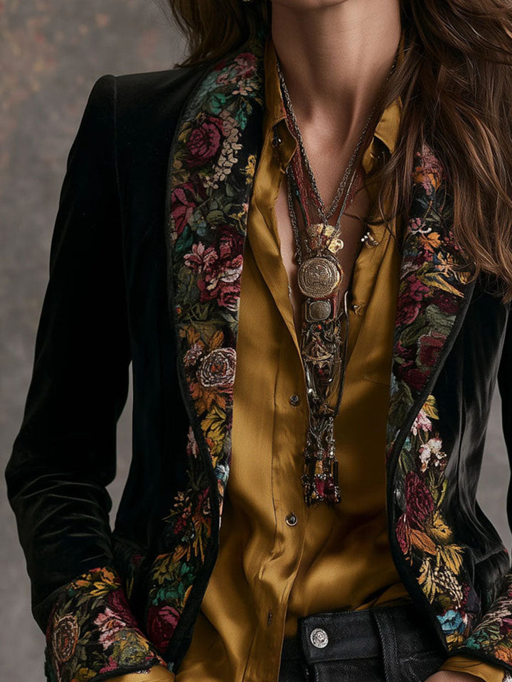 Boho Vintage Floral Print Velvet Tailored Jacket