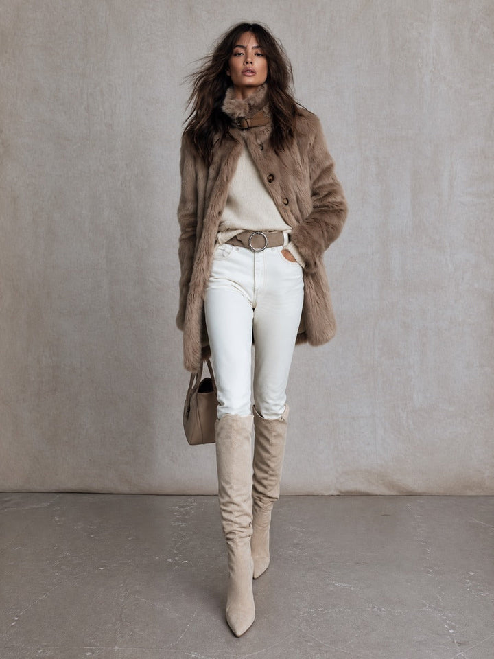 Women's Faux Fur Belted Collar Longline Coat