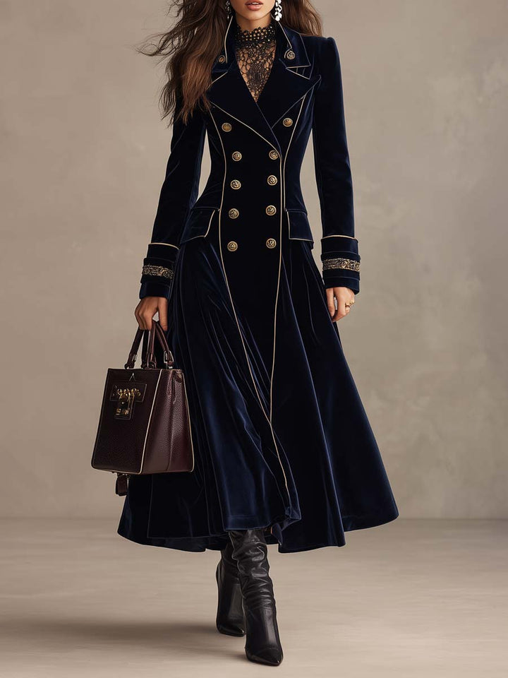 Navy Velvet Cuff Embroidery Double-Breasted Long Coat With Gold Piping