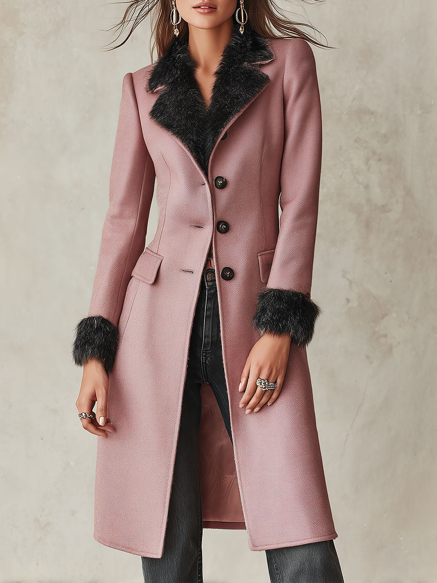 Vintage-style Slim-fit Mid-length Wool-blend Coat With Plush Trim