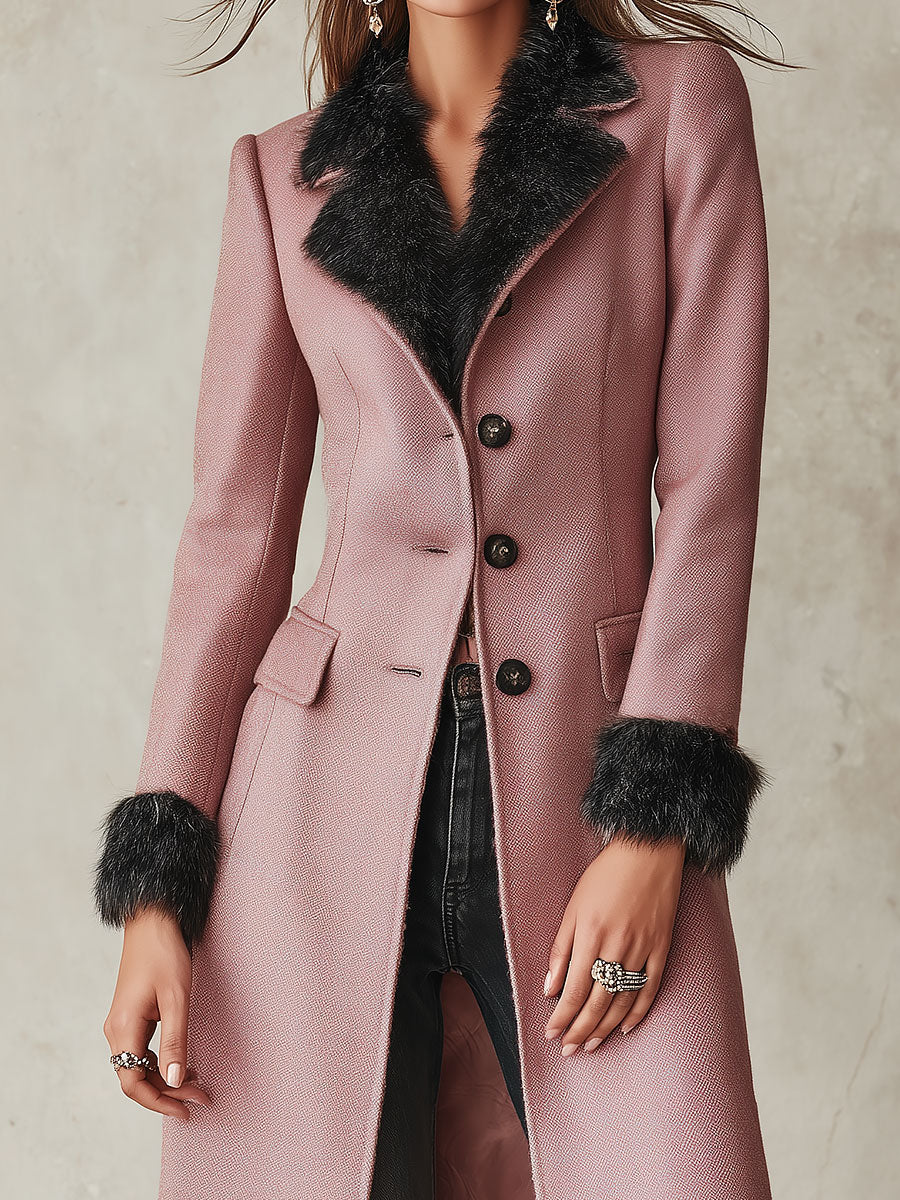 Vintage-style Slim-fit Mid-length Wool-blend Coat With Plush Trim