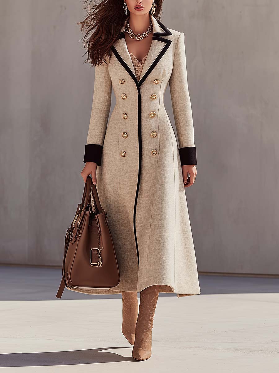 Elegant Double-Breasted Long Coat With Contrast Trim And Gold Buttons