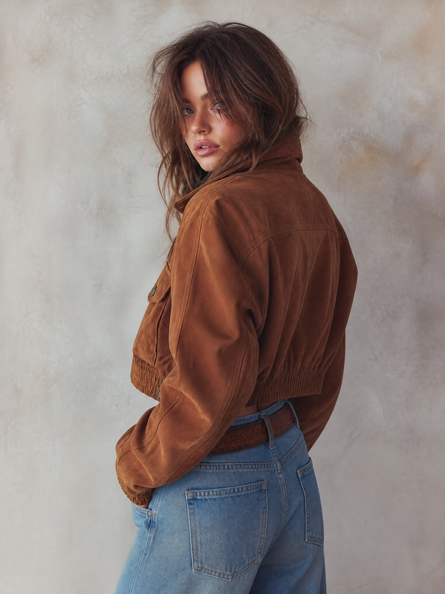 Women's Snap Pockets Cropped Polyester Suede Jacket