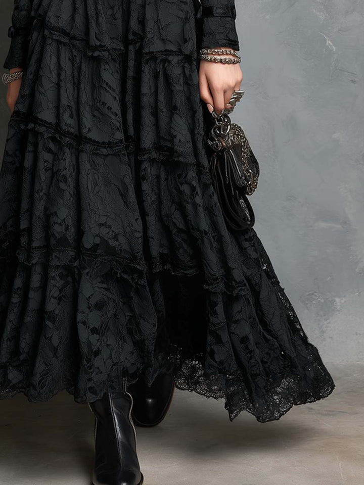 Black Lace Stand Collar Jacket Tiered Maxi Skirt Two Piece