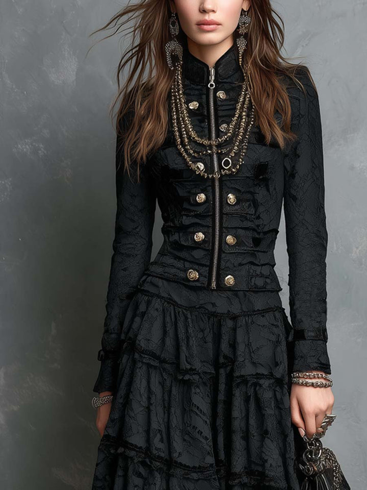 Black Lace Stand Collar Jacket Tiered Maxi Skirt Two Piece