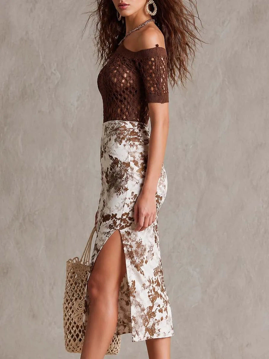Brown Crochet Off-Shoulder Top And Vintage Floral Midi Skirt Two-Piece Set