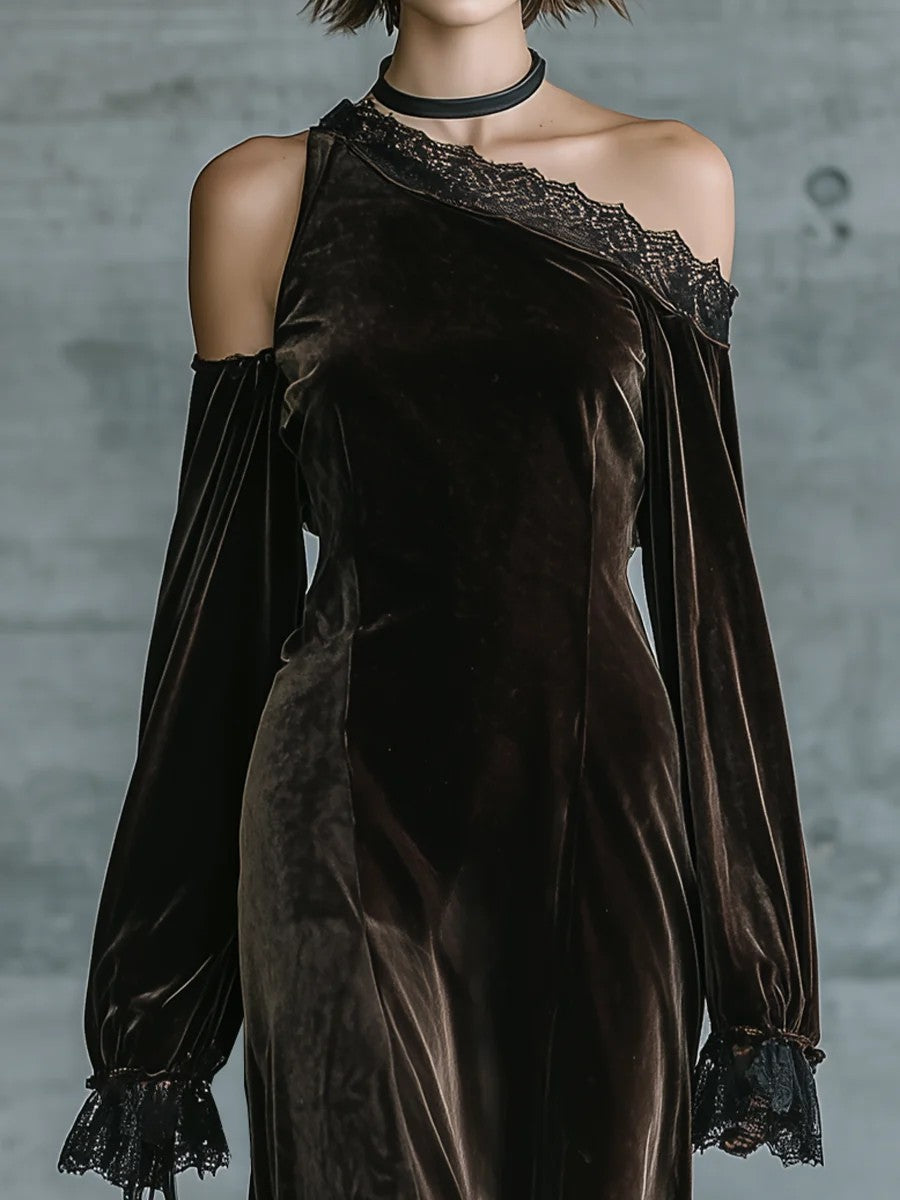 Dark Brown Velvet Off Shoulder Evening Maxi Dress