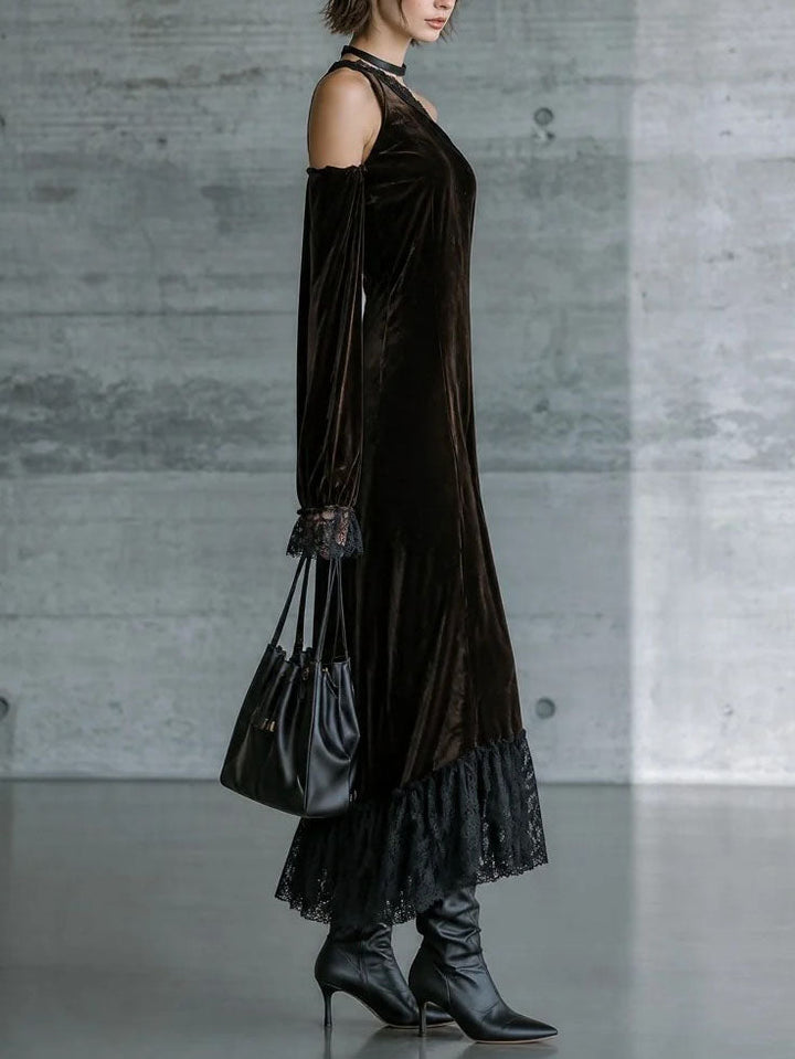 Dark Brown Velvet Off Shoulder Evening Maxi Dress