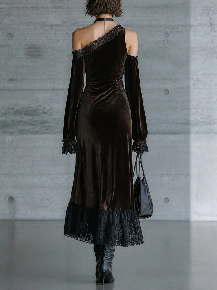 Dark Brown Velvet Off Shoulder Evening Maxi Dress