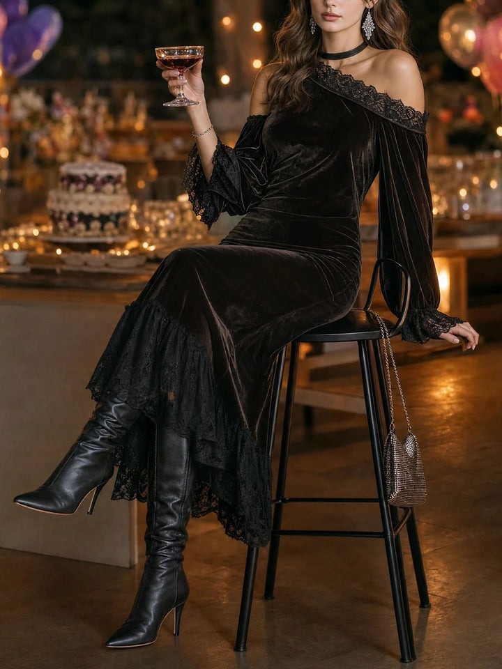 Dark Brown Velvet Off Shoulder Evening Maxi Dress