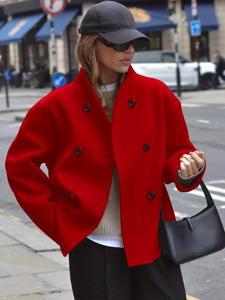 Effortless Wool Pea Coat for Women with Stand Collar Long Sleeve Double Breasted Oversized Casual Style