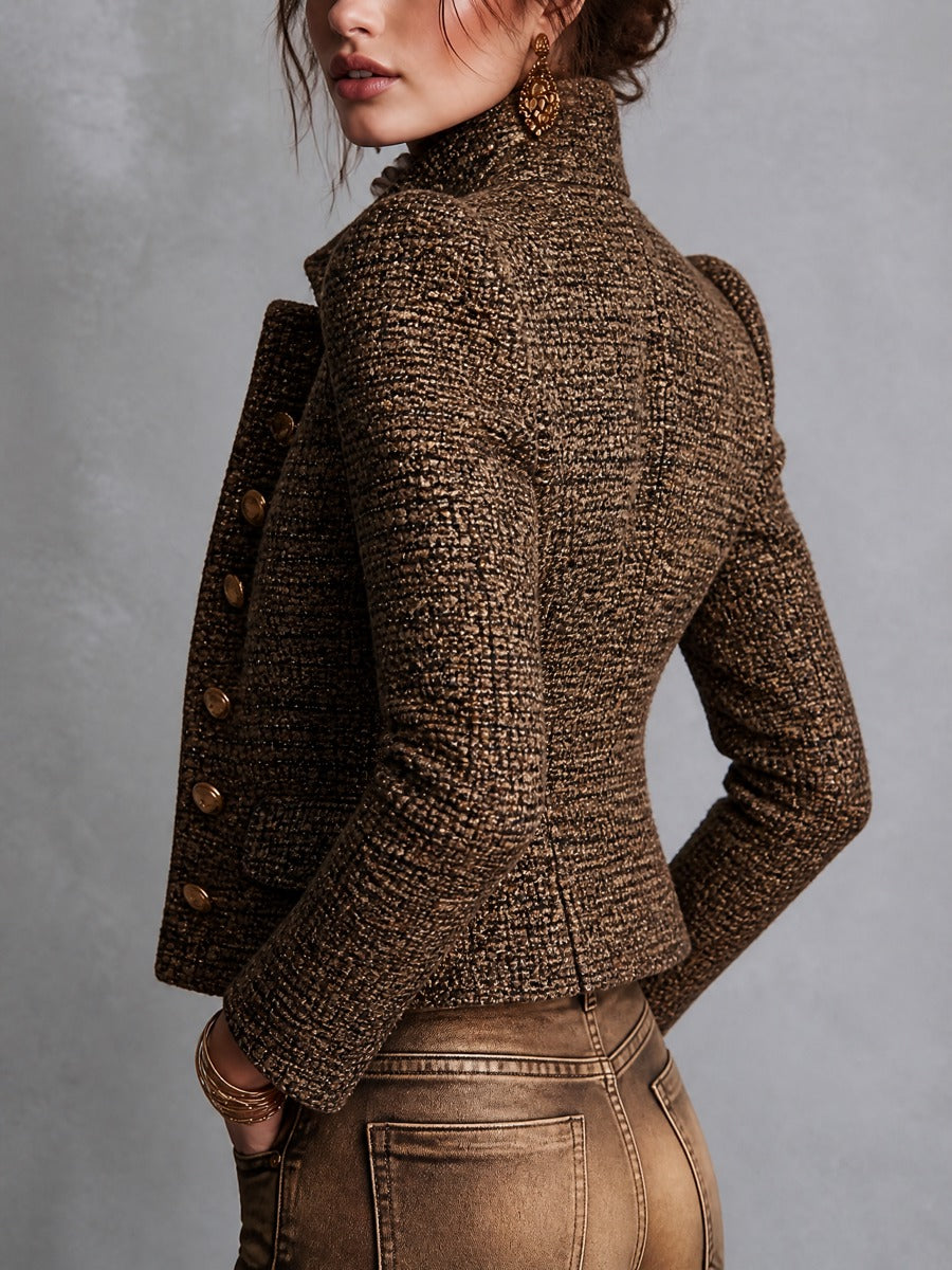 vintage Tweed Metallic Thread Double-Breasted Blazer with Gold Buttons