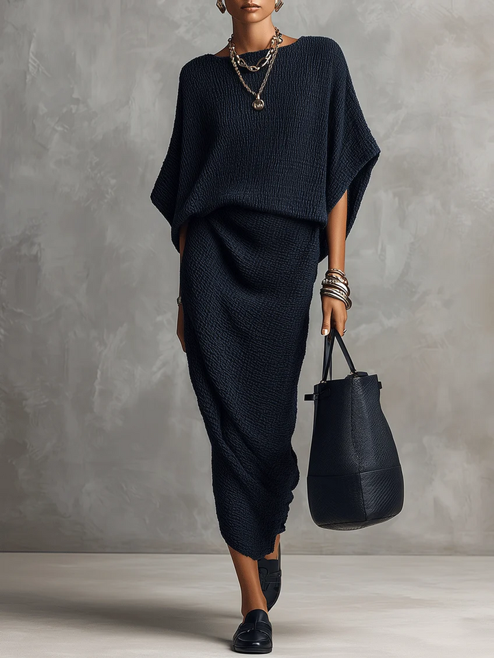 Chic Navy Textured Batwing Top and Midi Skirt Two-Piece Set