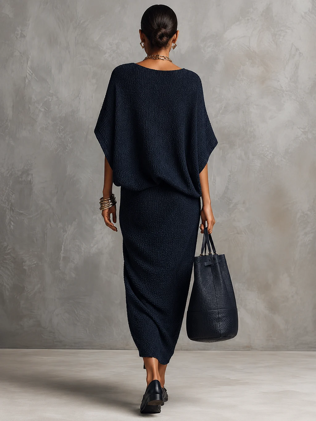 Chic Navy Textured Batwing Top and Midi Skirt Two-Piece Set