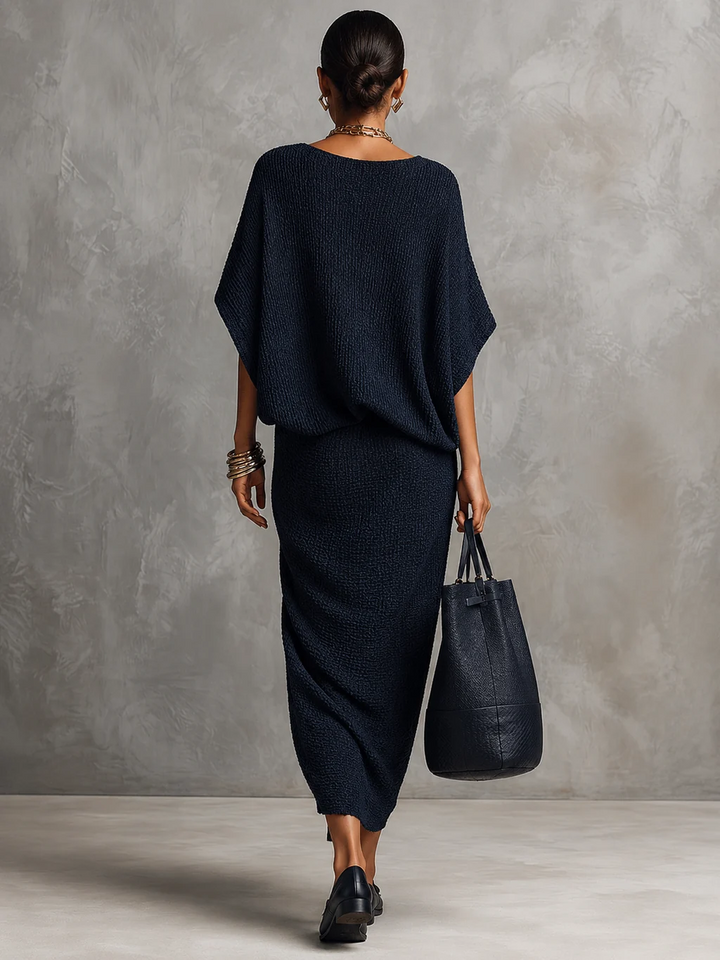 Chic Navy Textured Batwing Top and Midi Skirt Two-Piece Set