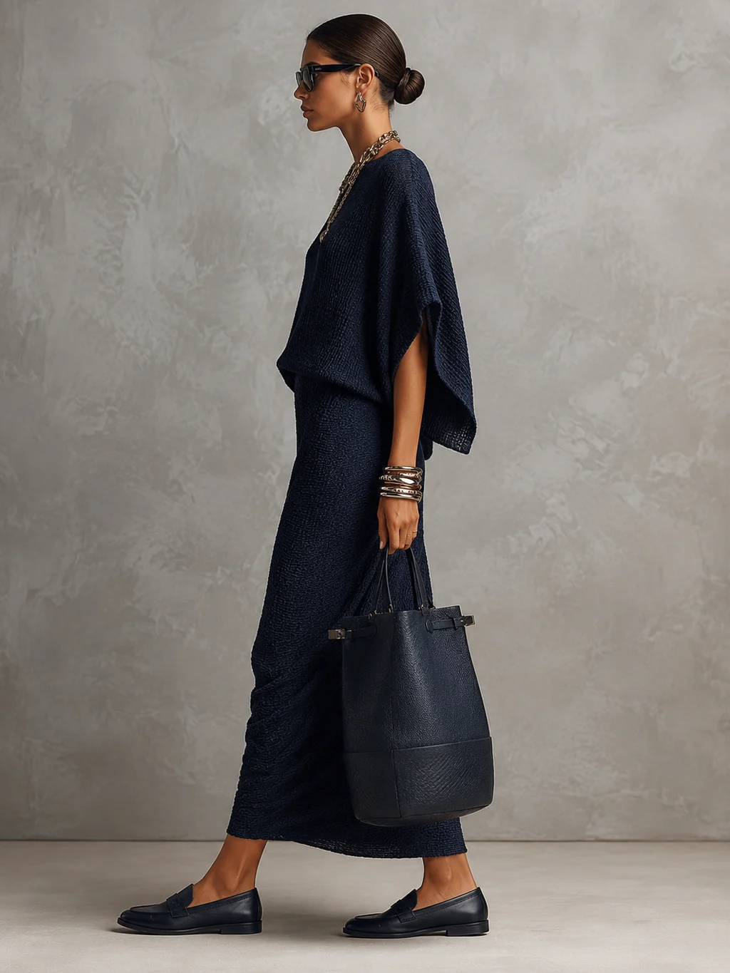 Chic Navy Textured Batwing Top and Midi Skirt Two-Piece Set