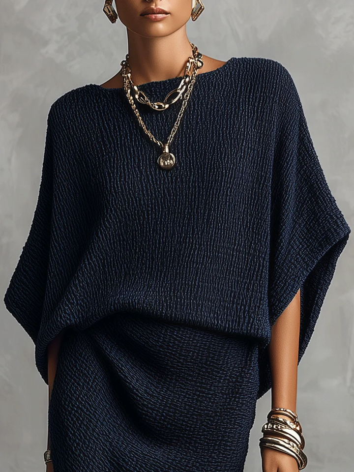 Chic Navy Textured Batwing Top and Midi Skirt Two-Piece Set
