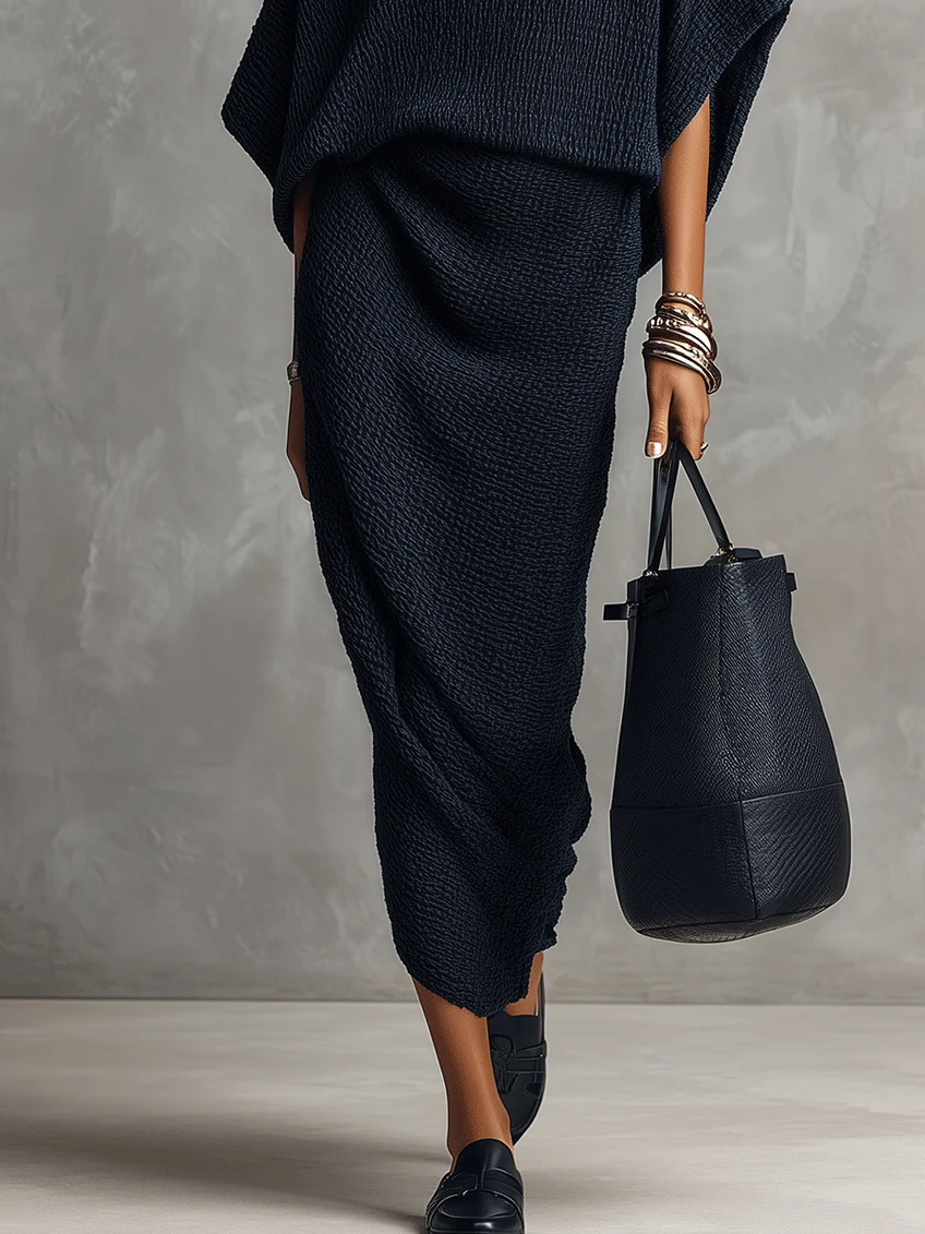 Chic Navy Textured Batwing Top and Midi Skirt Two-Piece Set