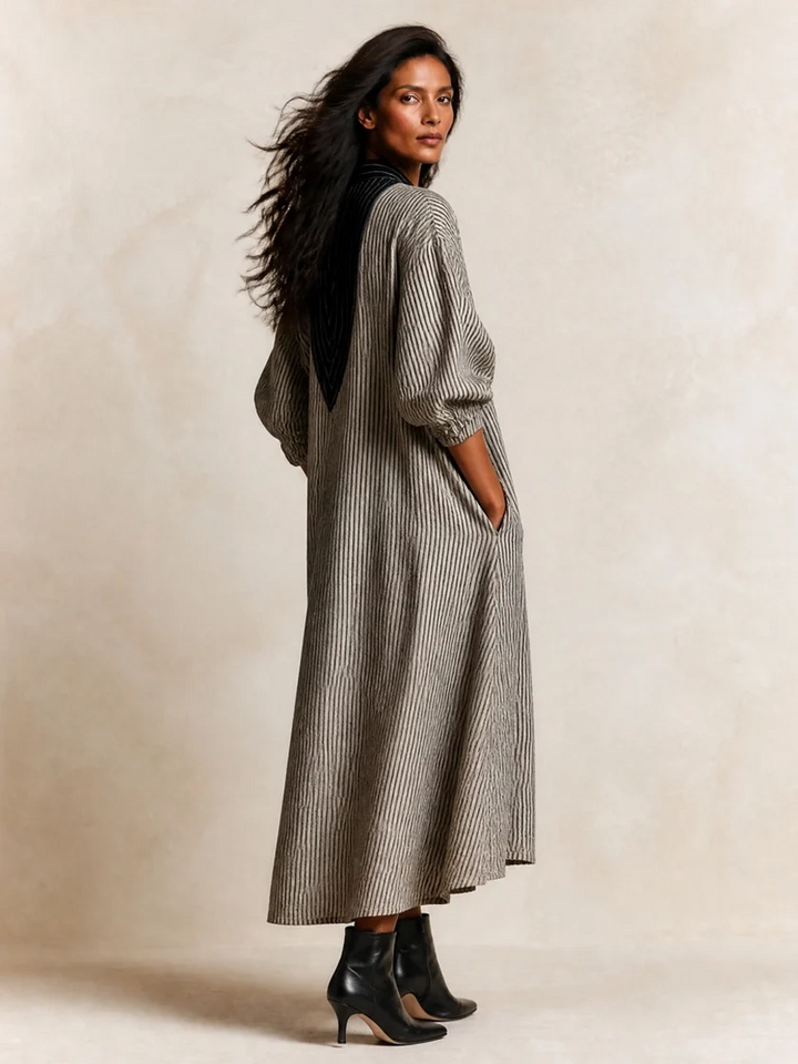 Elegant Black Contrast V-Neck Striped Loose Maxi Dress with Pockets