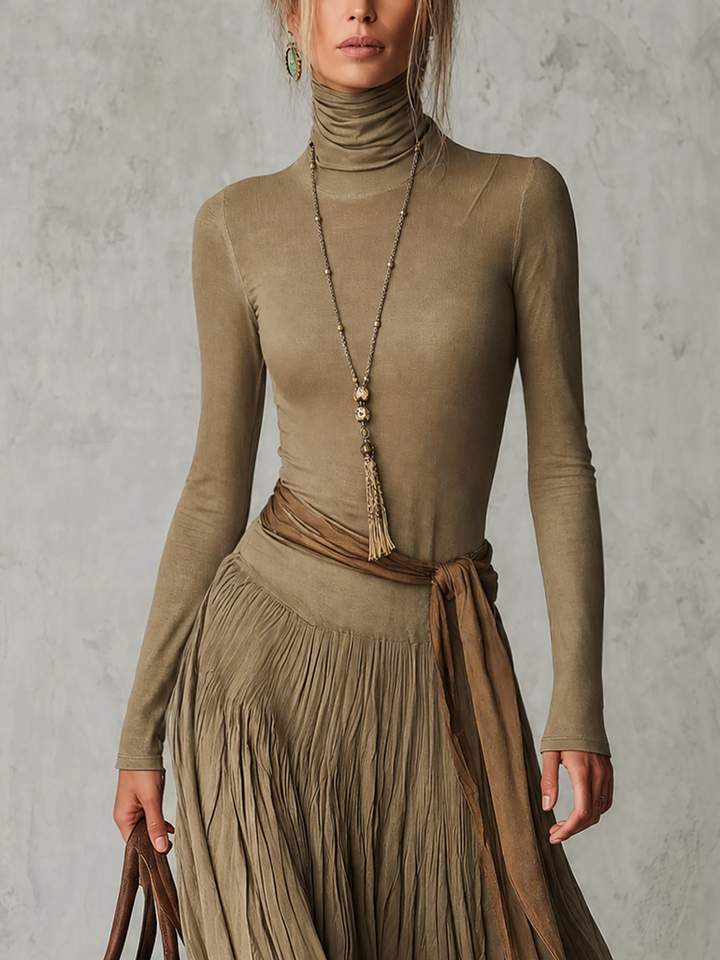 Elegant Turtleneck Long Sleeve Pleated Maxi Dress with Waist Tie