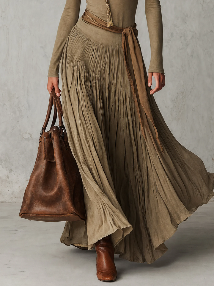 Elegant Turtleneck Long Sleeve Pleated Maxi Dress with Waist Tie