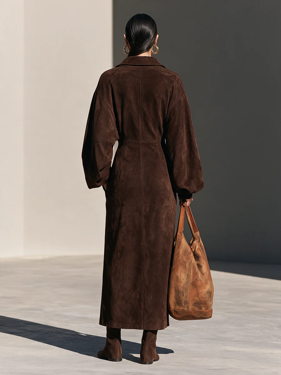 Elegant Brown Suede Half-Zip Long Sleeve Maxi Dress with Side Slit