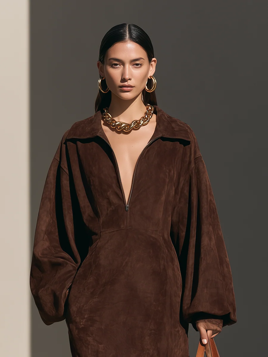 Elegant Brown Suede Half-Zip Long Sleeve Maxi Dress with Side Slit