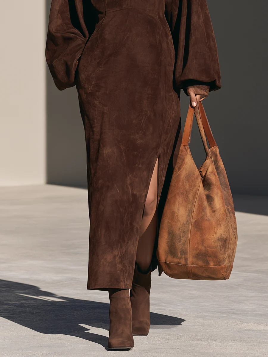 Elegant Brown Suede Half-Zip Long Sleeve Maxi Dress with Side Slit