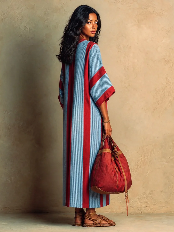 Casual Red and Blue Striped V-Neck Loose Fit Midi Dress