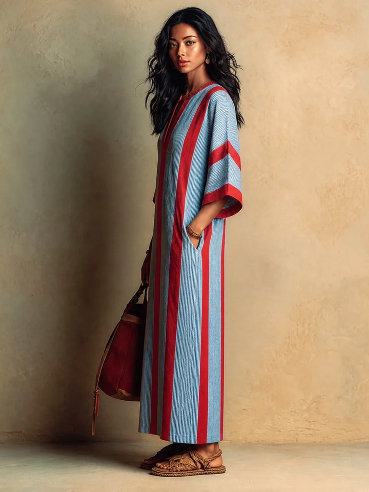 Casual Red and Blue Striped V-Neck Loose Fit Midi Dress