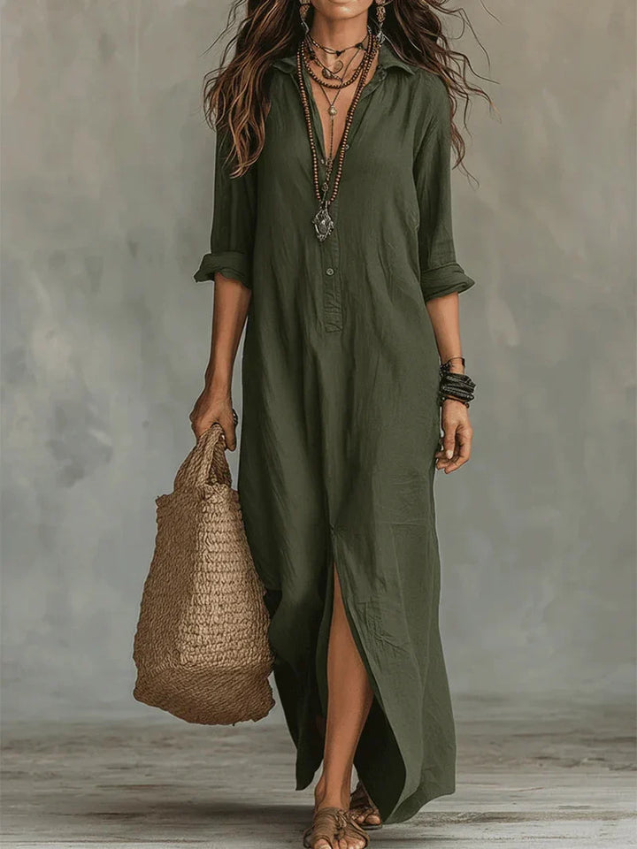 Collared Button-Front Maxi Dress