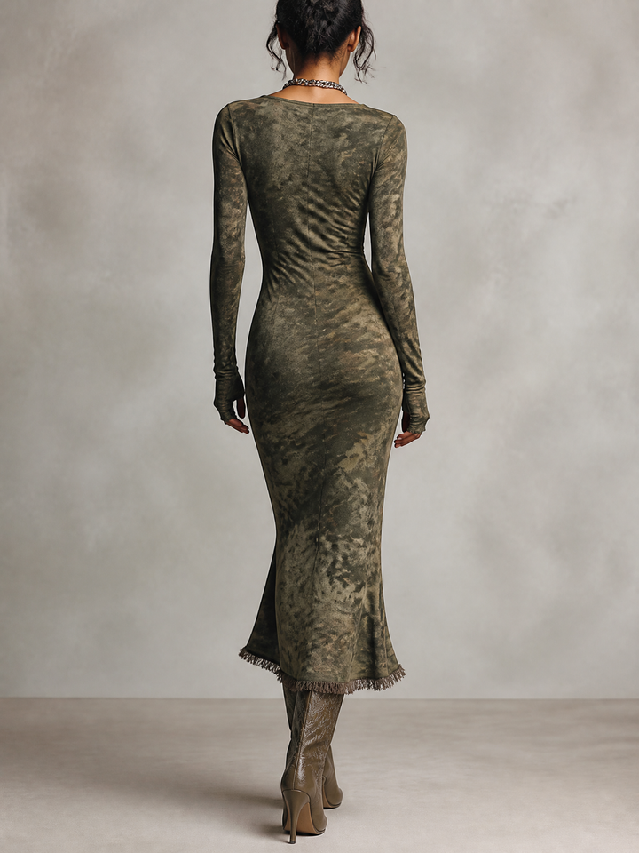 Olive Tie-Dye Ruched Square Neck Fringe Hem Midi Dress