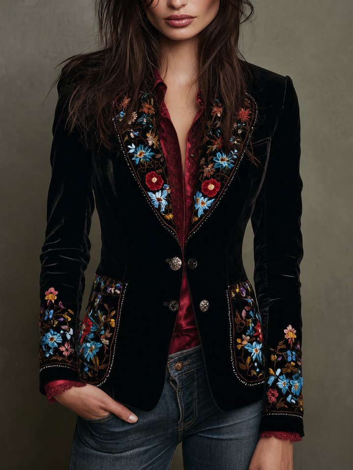 Velvet Blazer With Colorful Floral Embroidery