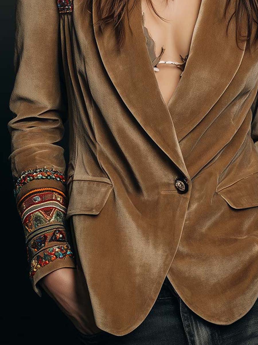 Polyester velvet Embroidered Blazer With Bohemian Detailing