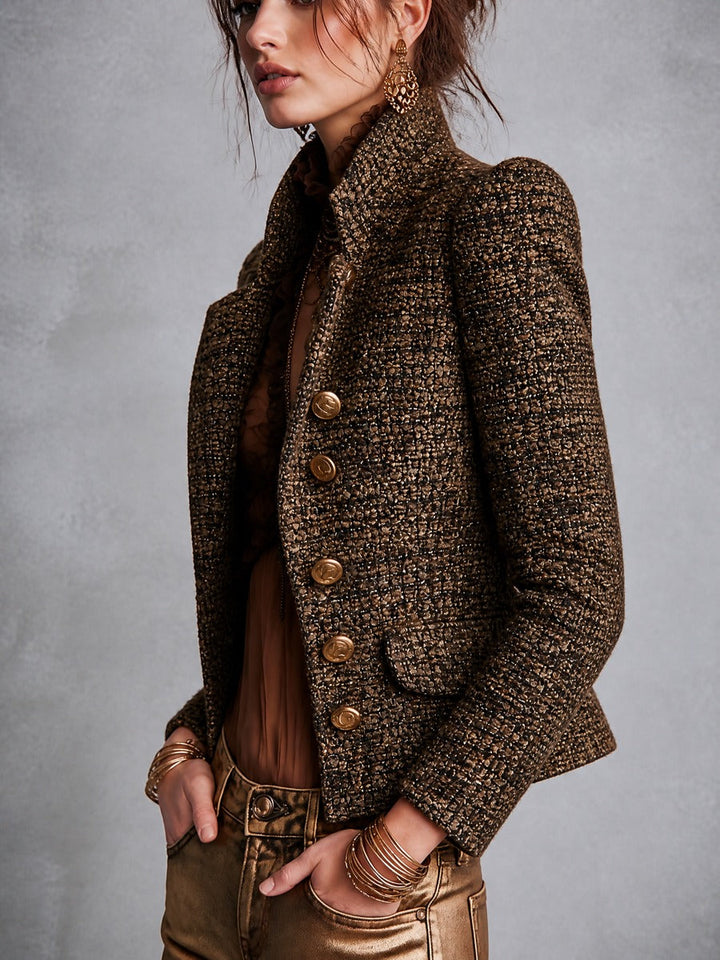 vintage Tweed Metallic Thread Double-Breasted Blazer with Gold Buttons