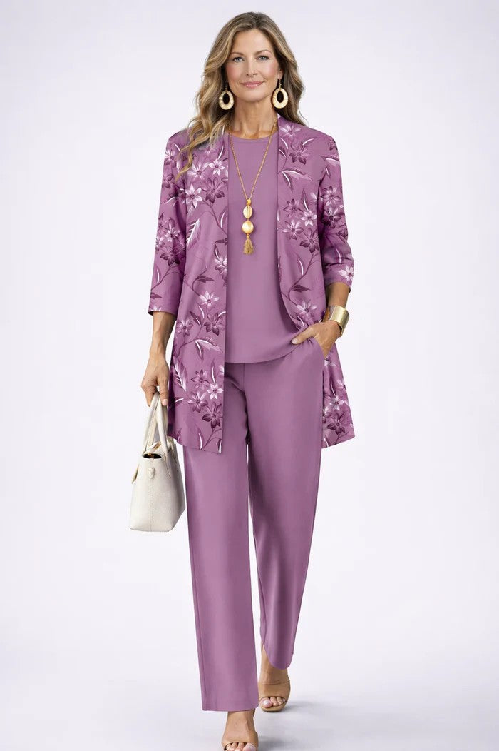 Margaret | Three-Piece Co-ord Set with Longline Cardigan and Printed Trousers