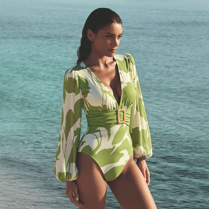 V Neck Long Sleeve Flower Print One Piece Swimsuit and Pants