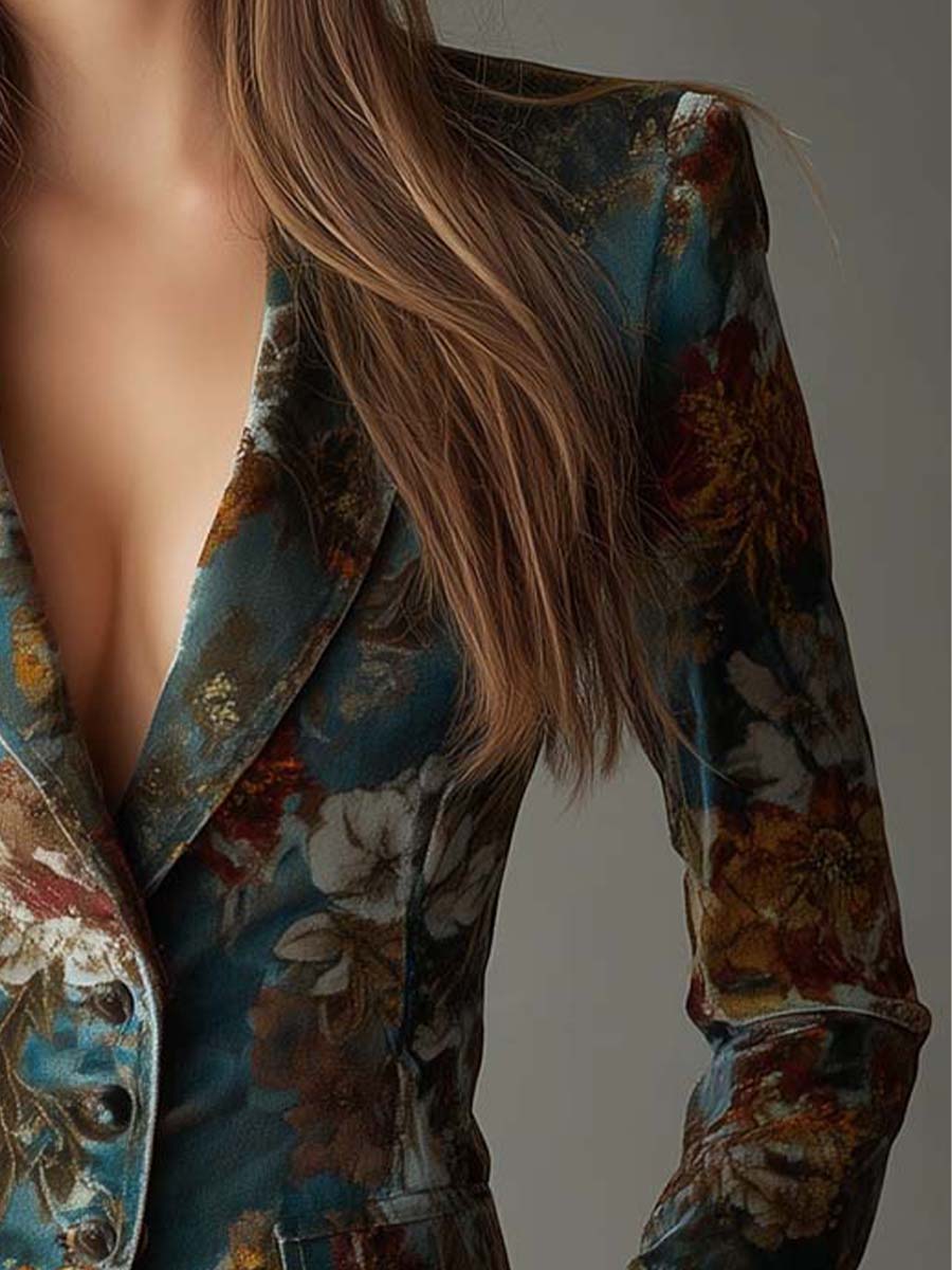 Vintage Teal Floral Velvet Tailored Blazer
