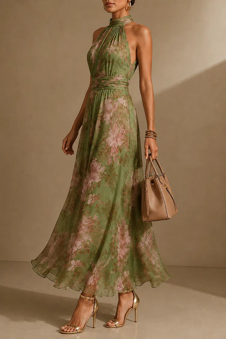 Women's Wedding Guest Floral Halter Maxi Dress