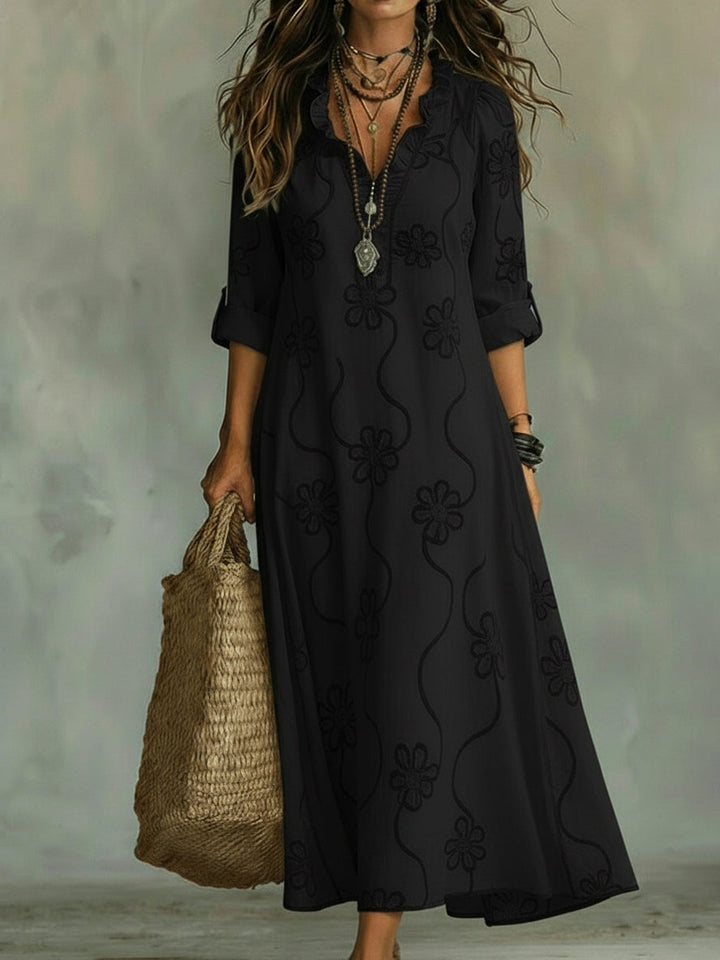Kallie - Embroidered V Neck Maxi Dress Casual Fit