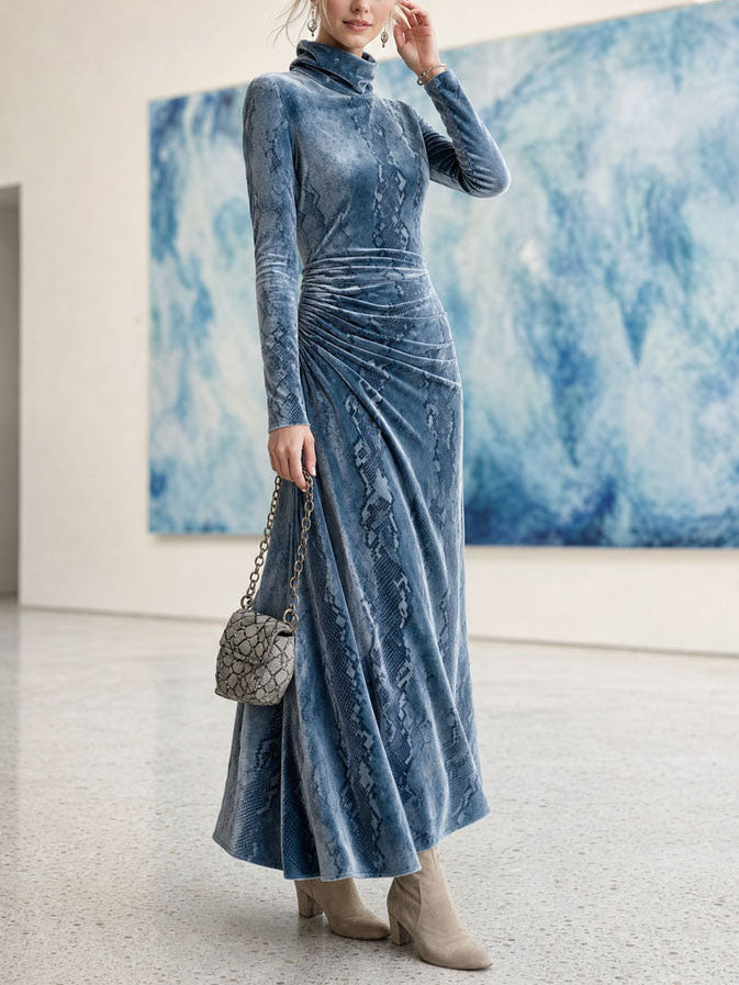 Blue Snake Print Velvet Turtleneck Long Sleeve Maxi Dress