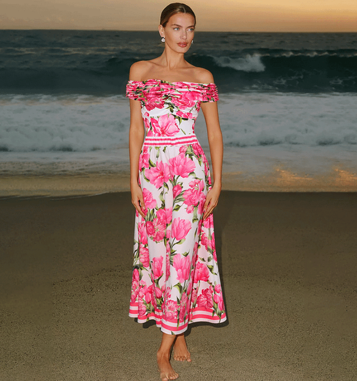 Ruched Off Shoulder Flower Print One Piece Swimsuit and Skirt