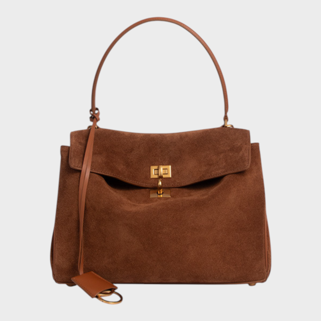 Curved Leather Handbag with Adjustable Shoulder Strap