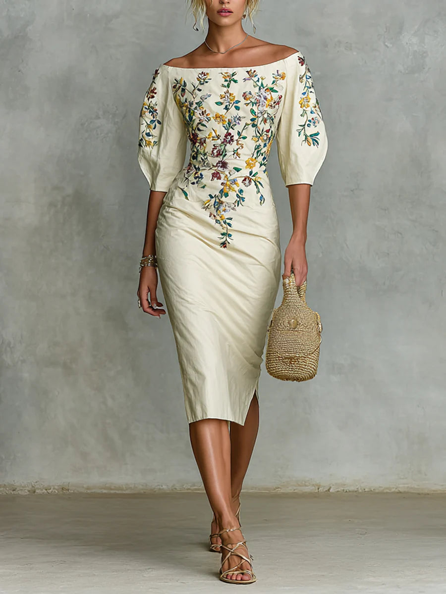 Floral Embroidered Off-Shoulder Midi Dress