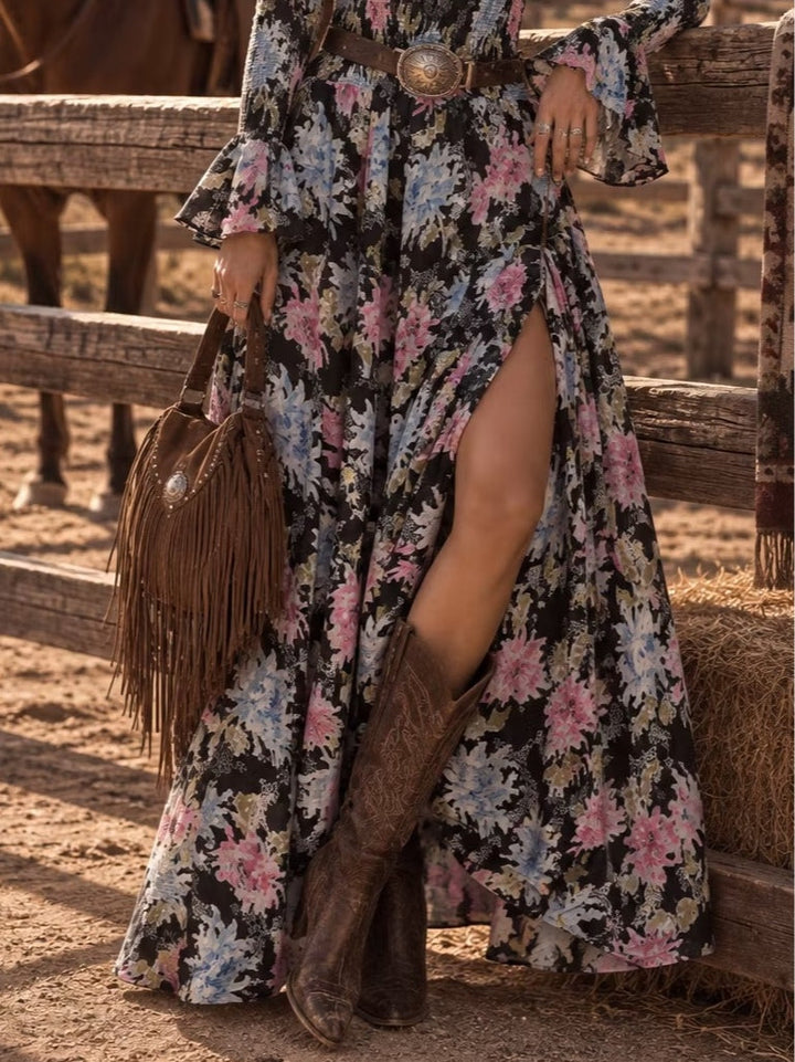 Vintage romantic floral print maxi dress with side slit (belt included)