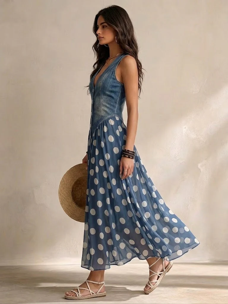 Vylina Denim Bodice Polka Dot Maxi Dress