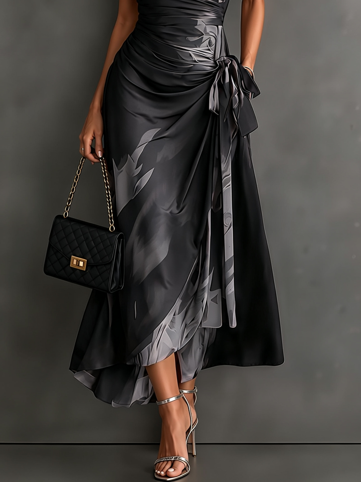 Red Black Abstract Print Wrap Midi Dress Collared V Neck Short Sleeve Tie Waist Ruffled High‑Low Hem Dress