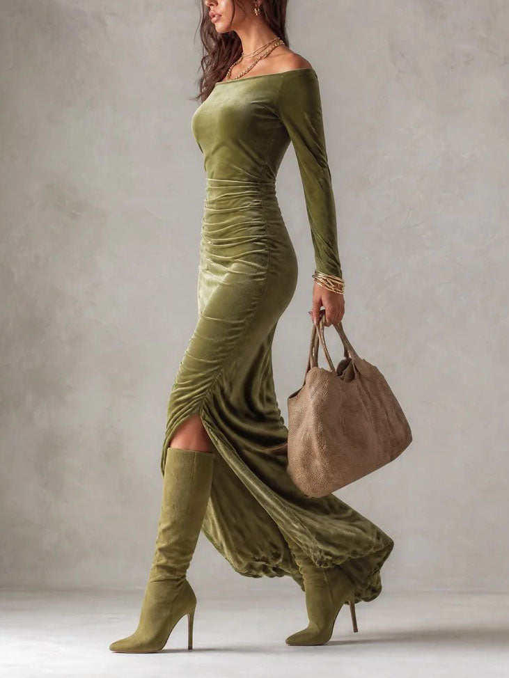 Olive Green Velvet Off Shoulder Long Sleeve Evening Maxi Dress